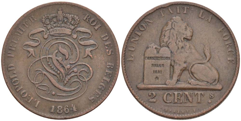 БЕЛЬГИЯ 2 САНТИМА 1864 BELGES KM 4.2 медь 4546-115