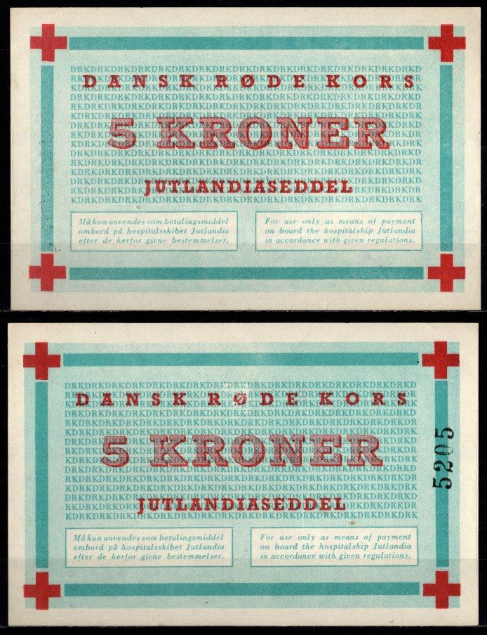 Дания 5 крон 1952 Для использования только в качестве платежного средства на борту госпитального судна «Ютландия» (Красный крест) бумага UNC (пресс) 8603-27-1-2