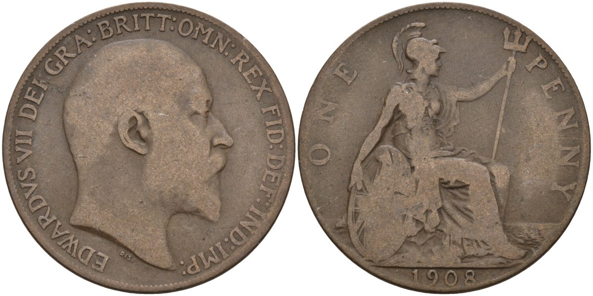 Великобритания 1 пенни 1908 Эдуард VII (1901-1910) KM 794.2, Sp 3990 бронза 4144-742