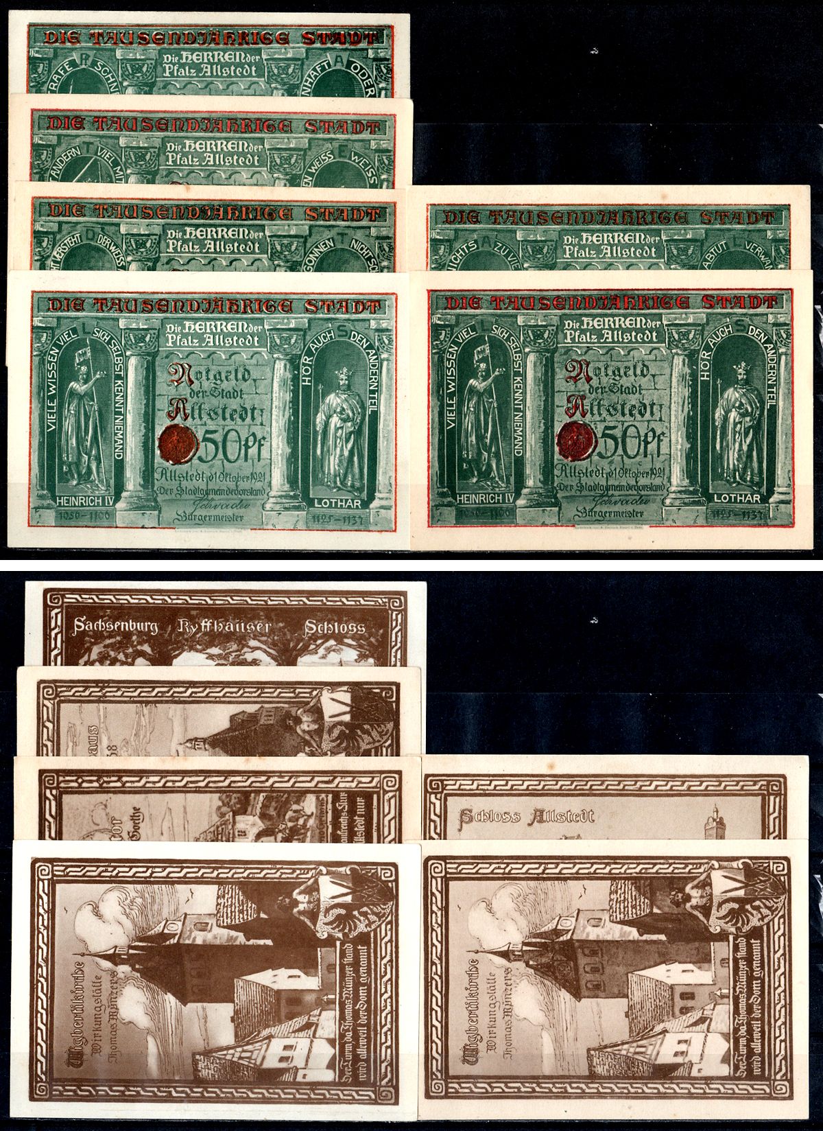 Альштедт (Тюрингия) полный набор из 6 нотгельдов (50 пфеннигов) 1921 Mehl Grabowski 15.1-(3/8-8/8) бумага UNC (пресс) 7556-41-4-2