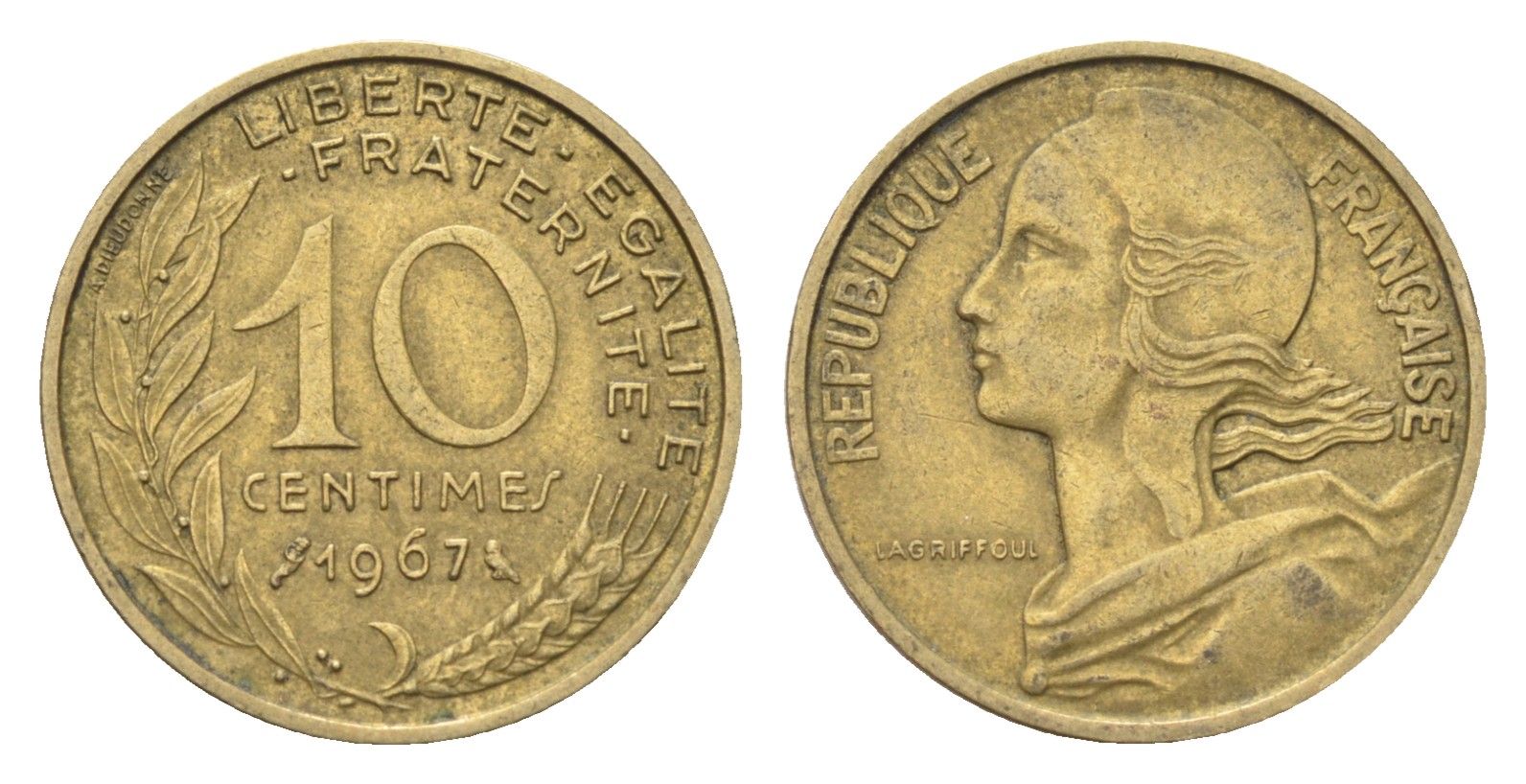 Франция 10 сантимов 1967 KM 929 алюминиевая бронза 4702-1261