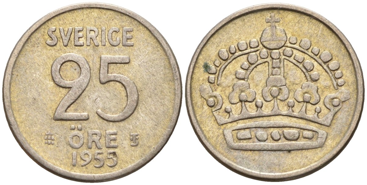 Швеция 25 эре 1955 TS, Густав VI Адольф (1950-1973) KM 824 серебро 4147-1044