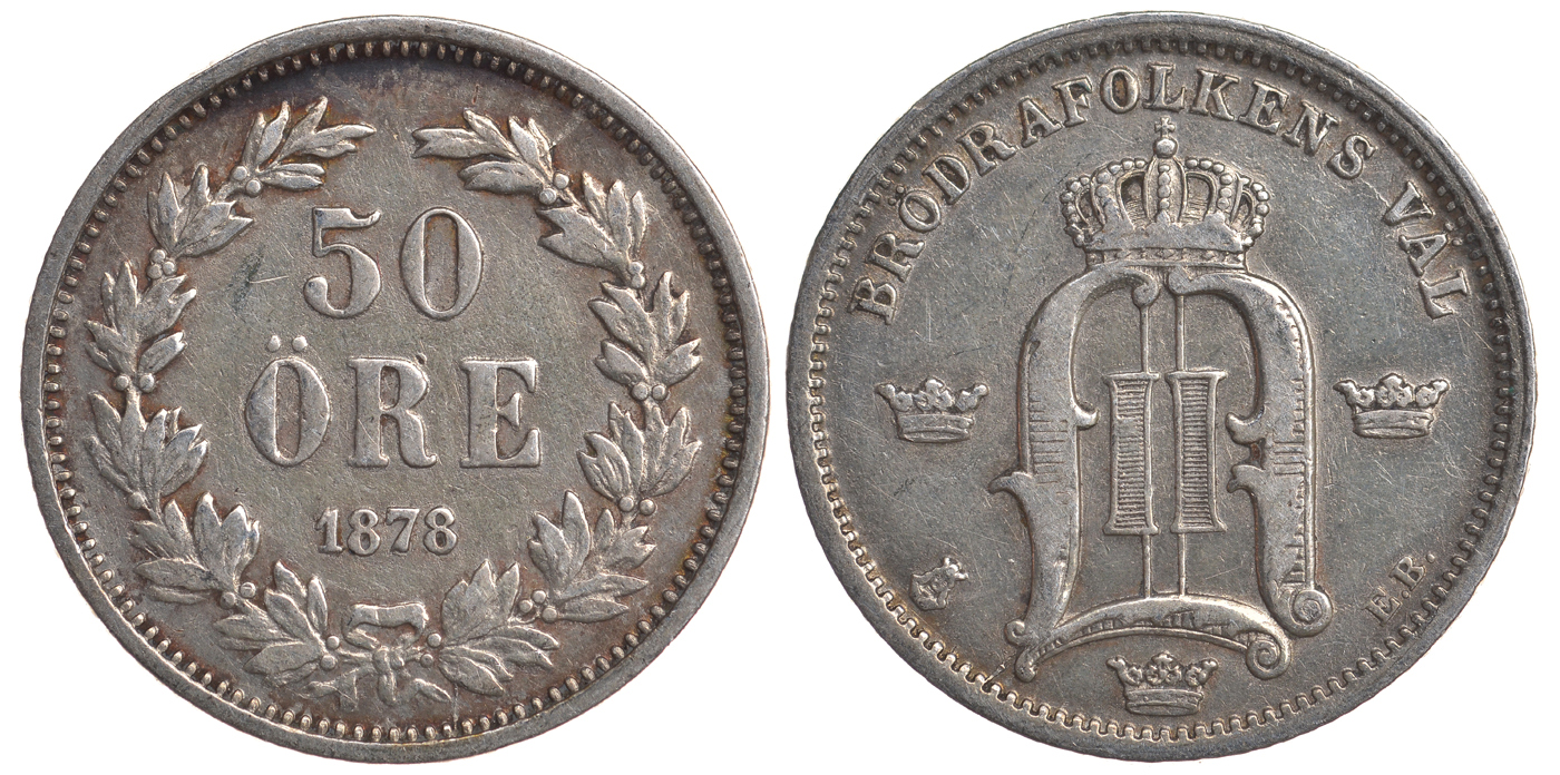 Швеция 50 эре 1878 EB, Оскар II (1872-1907) король Швеции и Норвегии KM 740 серебро 4179-915