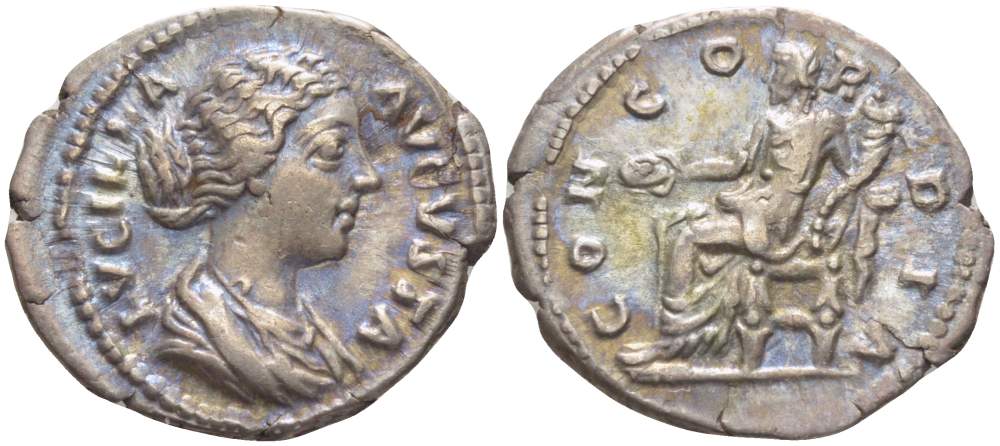 Римская Империя денарий 164 - 169 Луцилла, жена Луция Вера, LVCILLA AVGVSTA, бюст императрицы / CONCORDIA, Конкордия, персонификация Мира, Рим, 2,99 гр RIC 759 серебро 1073-18-84