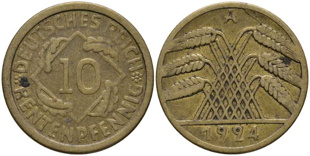 ГЕРМАНИЯ 10 РЕНТЕНПФЕННИГОВ 1924 А KM 33, J. 309 алюминиевая бронза 113-645