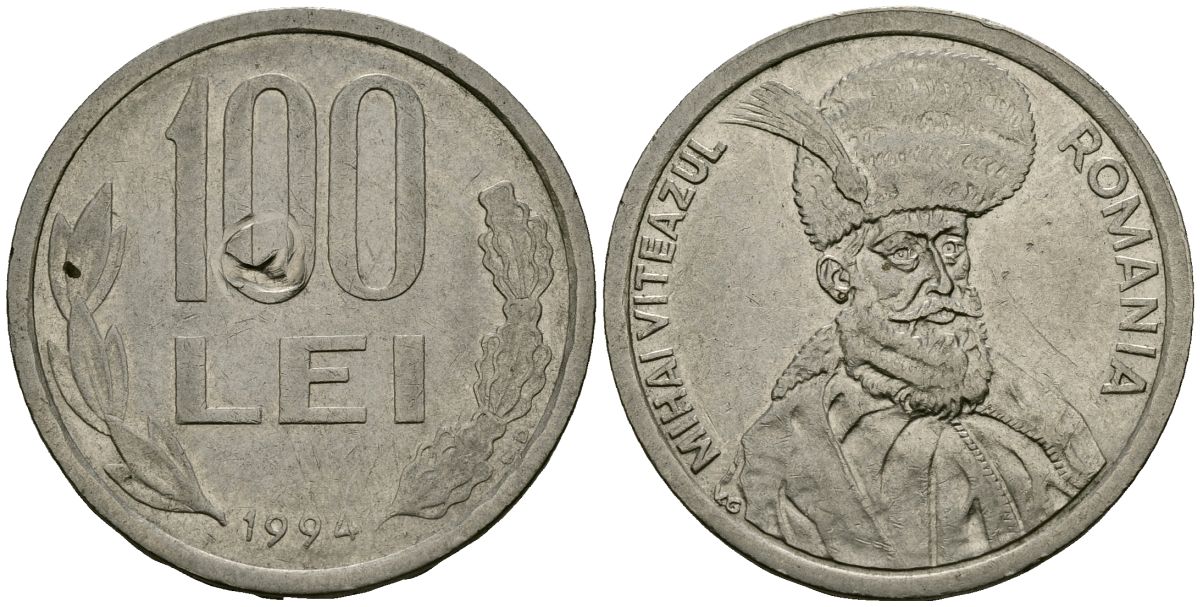 Румыния 100 леев 1994 Михай Храбрый (1558-1601) KM 111 сталь плакированная никелем 215-1236