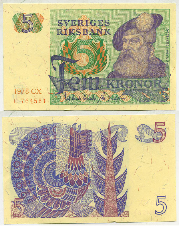 Швеция 5 крон 1978 CX, Густав I Ваза Pick 51d бумага aUNC 444-134-2