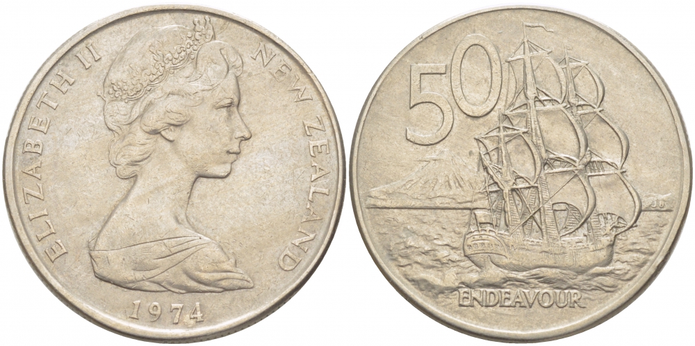 Новая Зеландия 50 центов 1974 Елизавета II (1952-2022), парусник Индевор KM 37.1 медно-никель 215-145