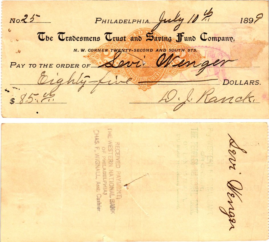 США чек на 85 долларов 1899 Филадельфия бумага 3295-36-3-2