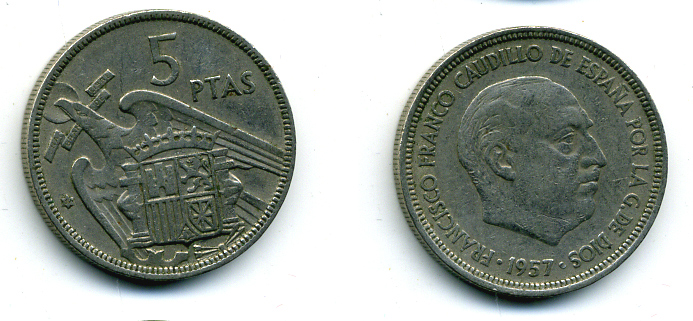 ИСПАНИЯ 5 ПЕСЕТ 1957 (59) ФРАНСИСКО ФРАНКО ДИКТАТОР ИСПАНИИ (1939-1975) KM 786 медно-никель 56-856