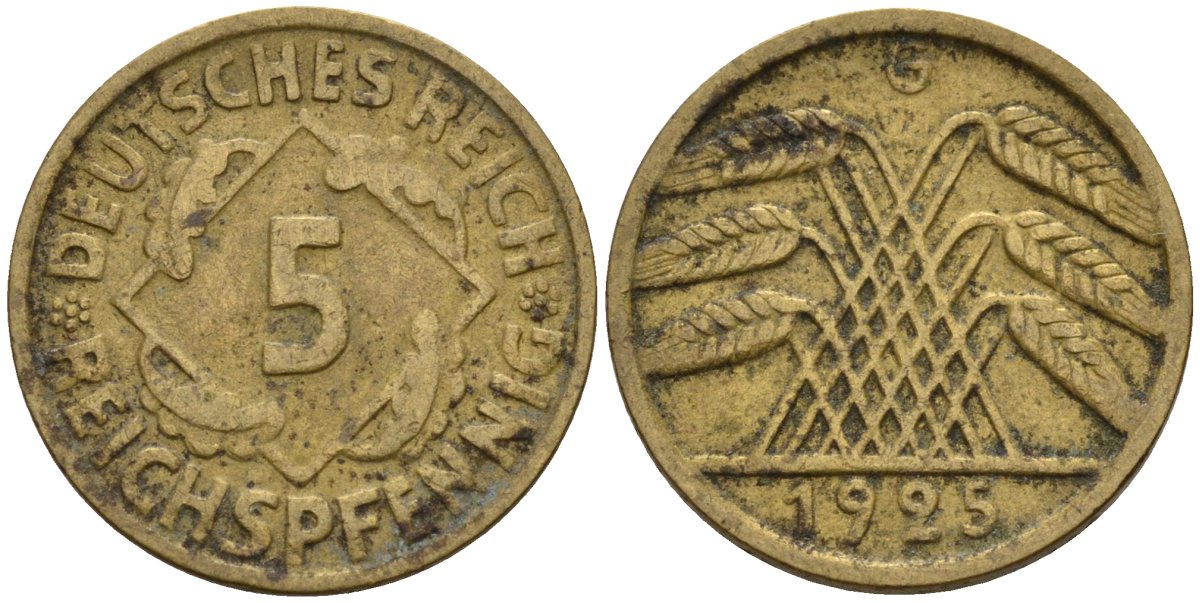 Германия 5 рейхспфеннигов 1925 G KM 39, J. 316 алюминиевая бронза 4151-718
