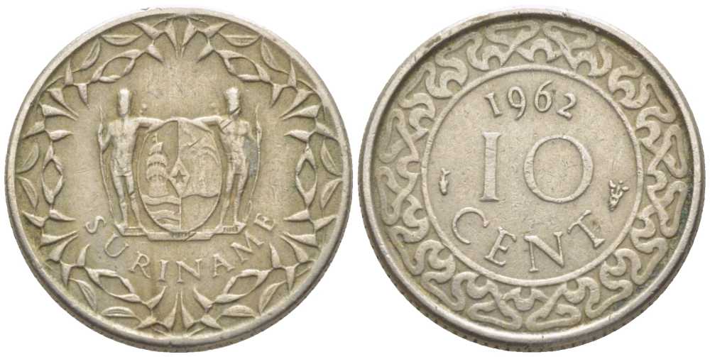 Суринам 10 центов 1962 KM 13 медно-никель 112-519