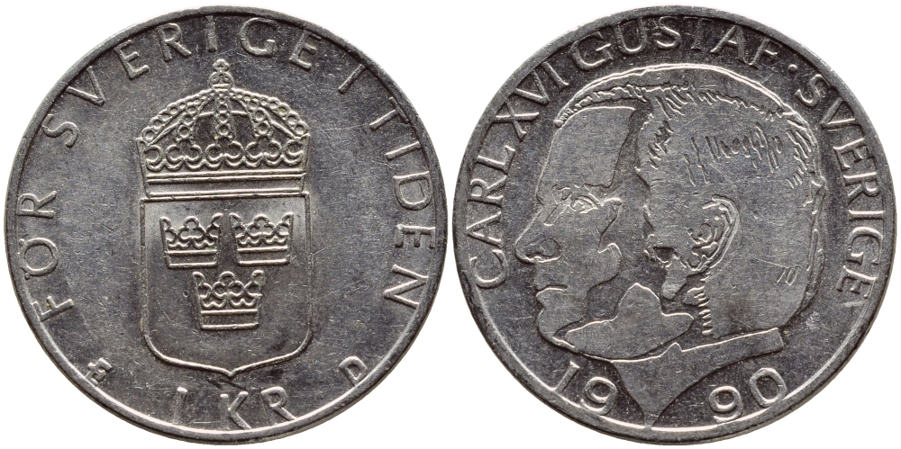 Швеция 1 крона 1990 Карл XVI Густав (1973- ) KM 852a медно-никель 4398-1231