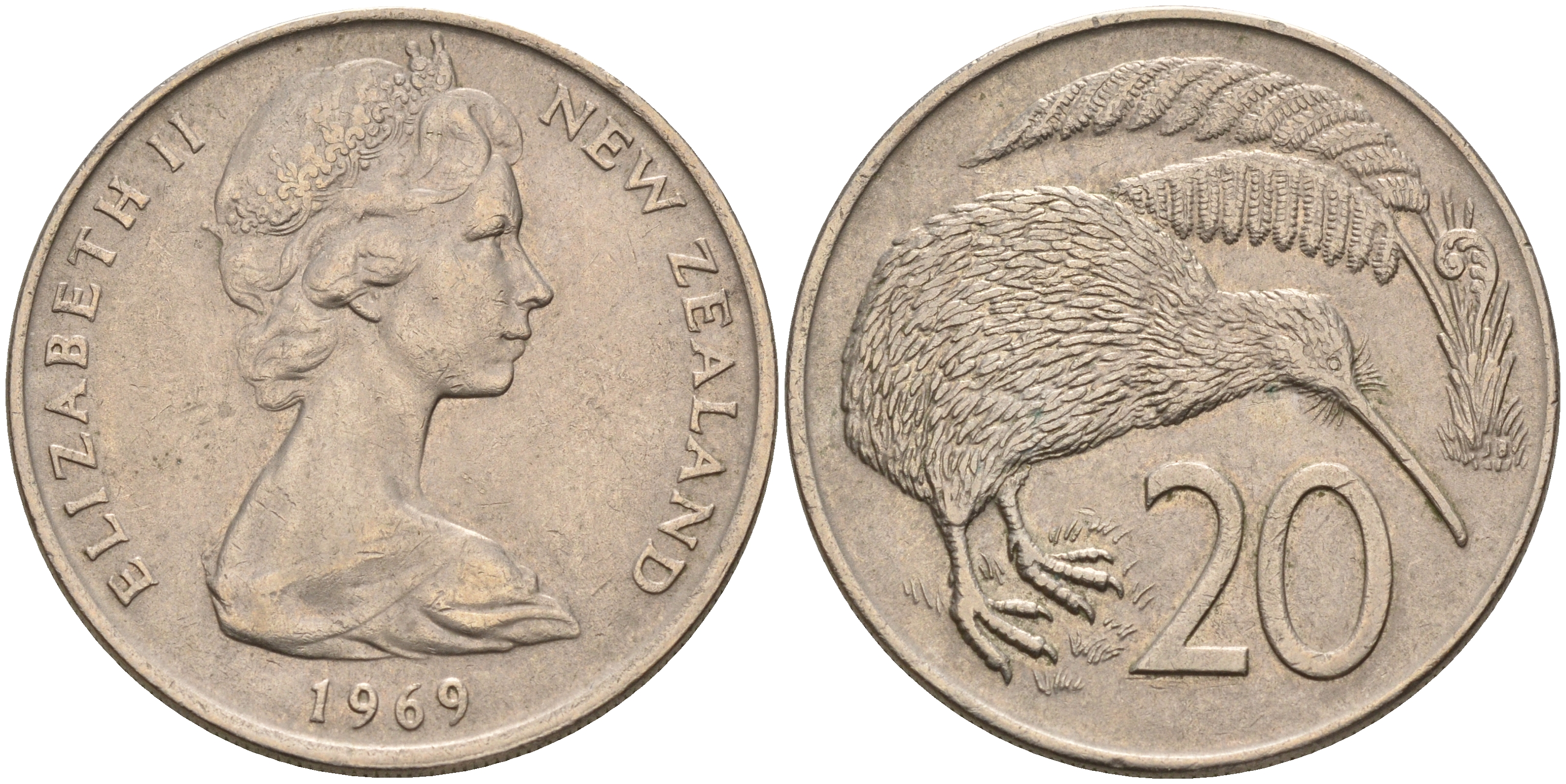 Новая Зеландия 20 центов 1969 Елизавета II (1952-2022), птичка киви KM 36.1 медно-никель  4599-1011