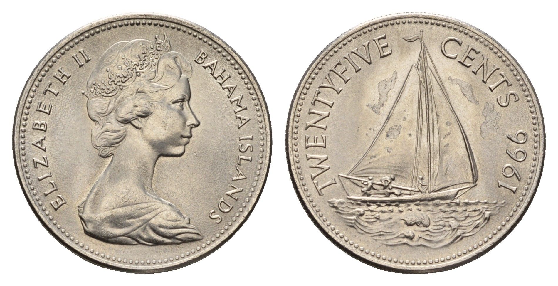 Багамские острова (Багамы) 25 центов 1966 KM 6 никель UNC 4391-521