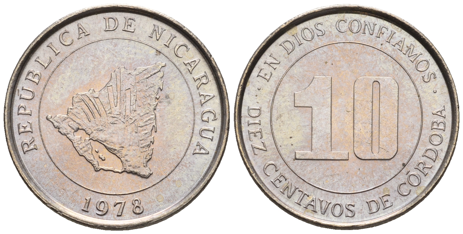 Никарагуа 10 сентаво 1978 карта страны KM 31 медно-никель  UNC  220-1224