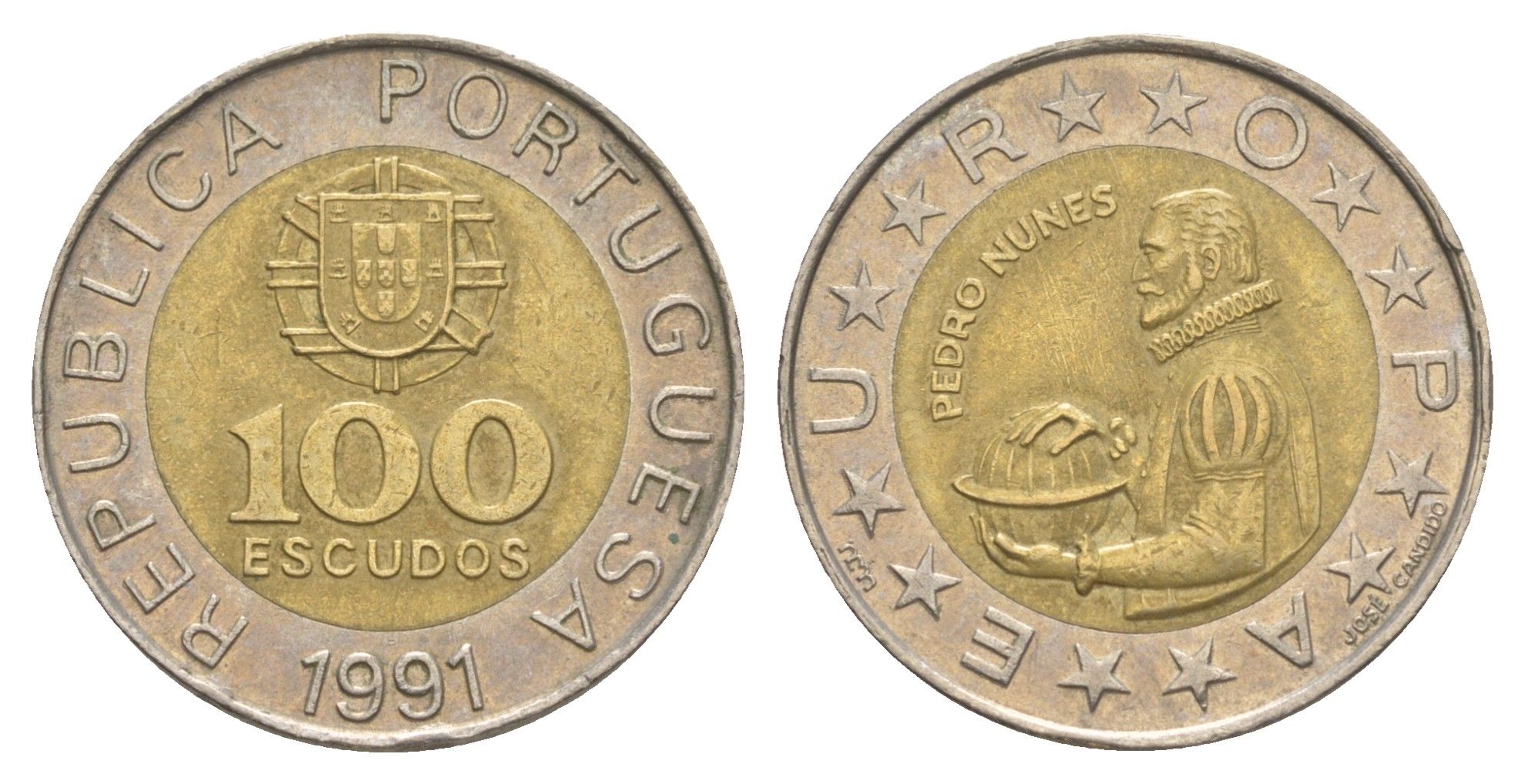 Португалия 100 эскудо 1991 Педру Нуниш (1502-1578), математик KM 645 биметалл 4390-652