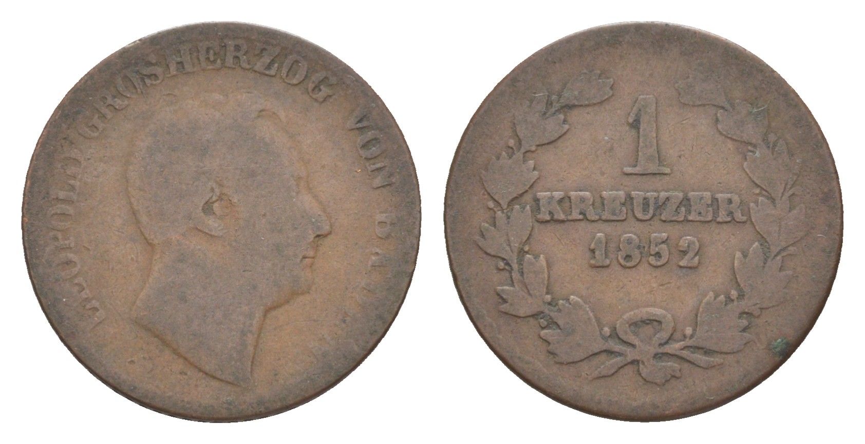 Баден 1 крейцер 1852 Леопольд (1830-1852) KM 218 медь 4604-823