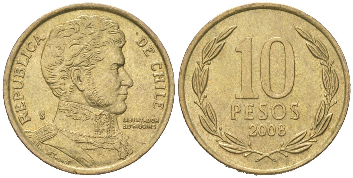 Чили 10 песо 2008 So KM 228.2, Schon 82 алюминиевая бронза 4617-1054