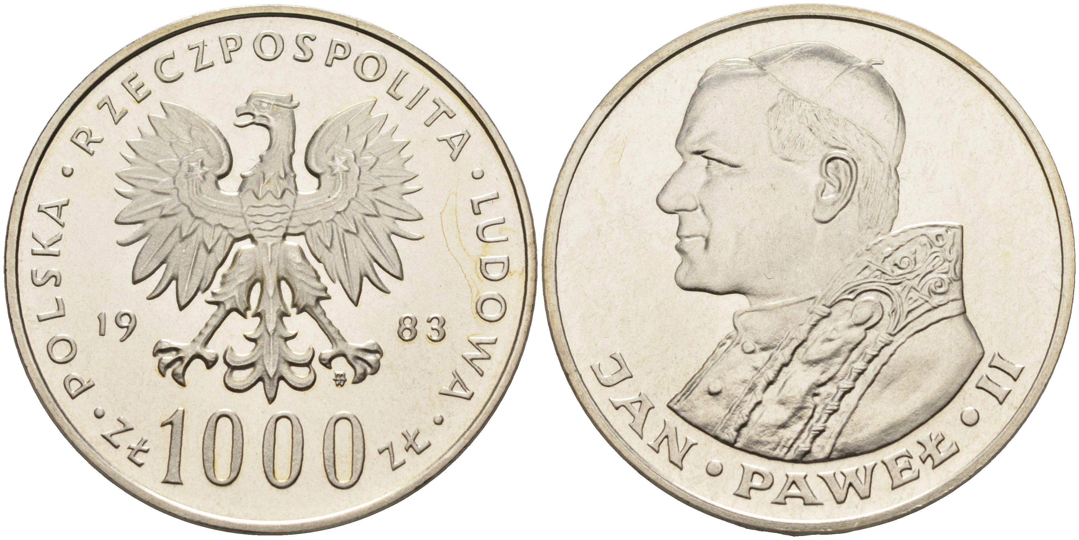 Польша 1000 злотых 1983 MW, визит папы Иоанна Павла II в Польшу KM 144, Parchimowicz 337b серебро  UNC  1522-731