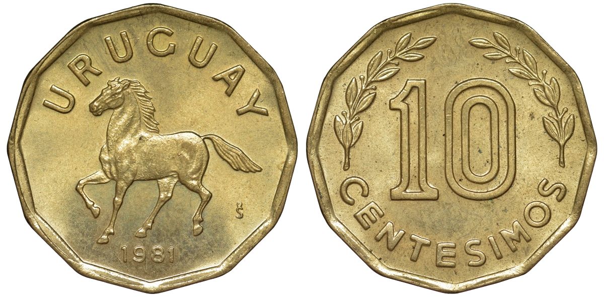 Уругвай 10 сентесимо 1981 KM 66 алюминиевая бронза 4169-523