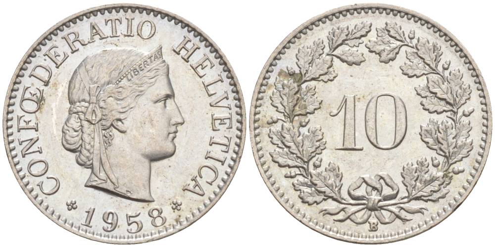 Швейцария 10 раппенов 1958 B KM 27 медно-никель     55-257
