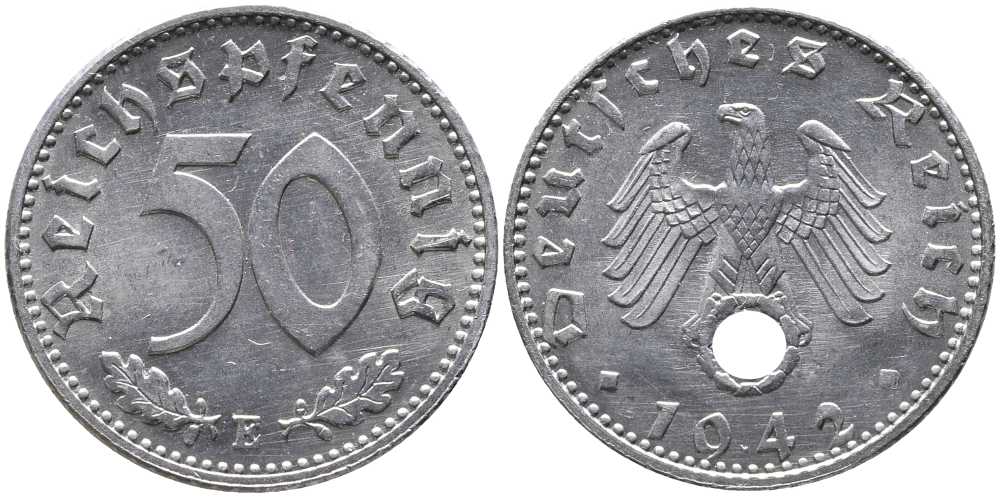 Германия 50 рейхспфеннигов 1942 E J. 372, KM 96 алюминий UNC 00-000-00