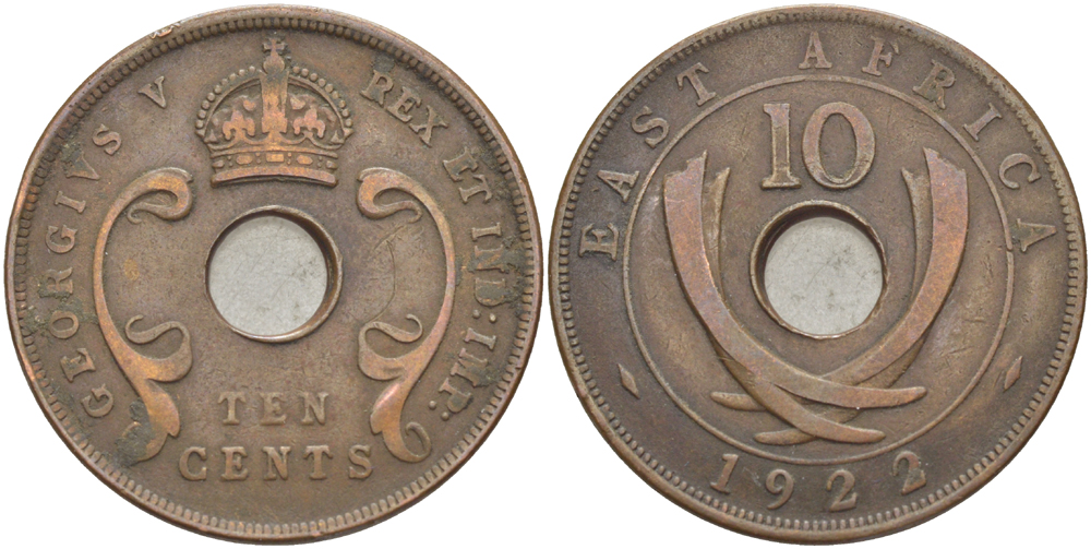 Британская Восточная Африка 10 центов 1922 Георг V (1910-1936) KM 19 бронза 26-146