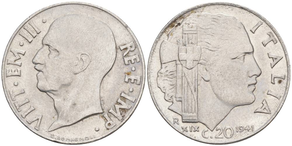 ИТАЛИЯ 20 ЧЕНТЕЗИМО 1941 R, ГОД XIX, ВИКТОР ЭММАНУИЛ III (1900-1946) KM 75b, VEM3. 1028 нержавеющая сталь 3853-745