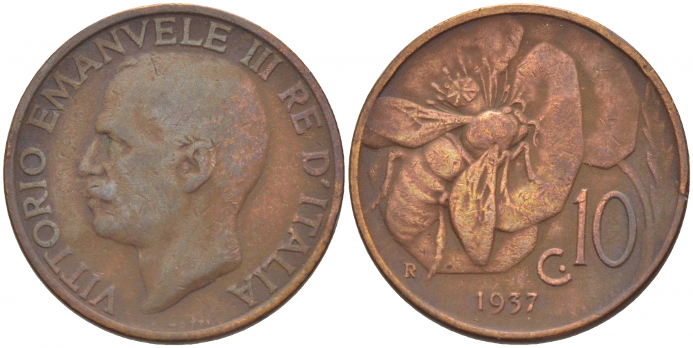 ИТАЛИЯ 10 ЧЕНТЕЗИМО 1937 R, ВИКТОР ИММАНУИЛ, ПЧЕЛА KM 60 медь 4548-122