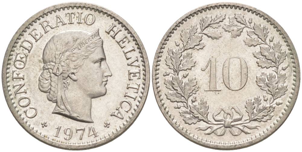 Швейцария 10 раппенов 1974 KM 27 медно-никель 55-452