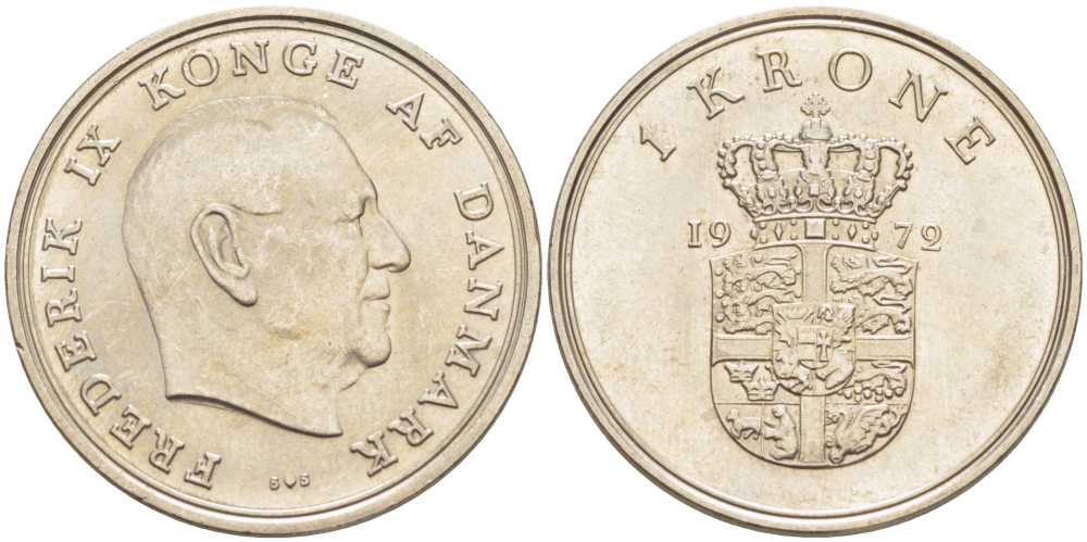 Дания 1 крона 1972 S;S, Фредерик IX (1947-1972) KM 851.2 медно-никель 202-823