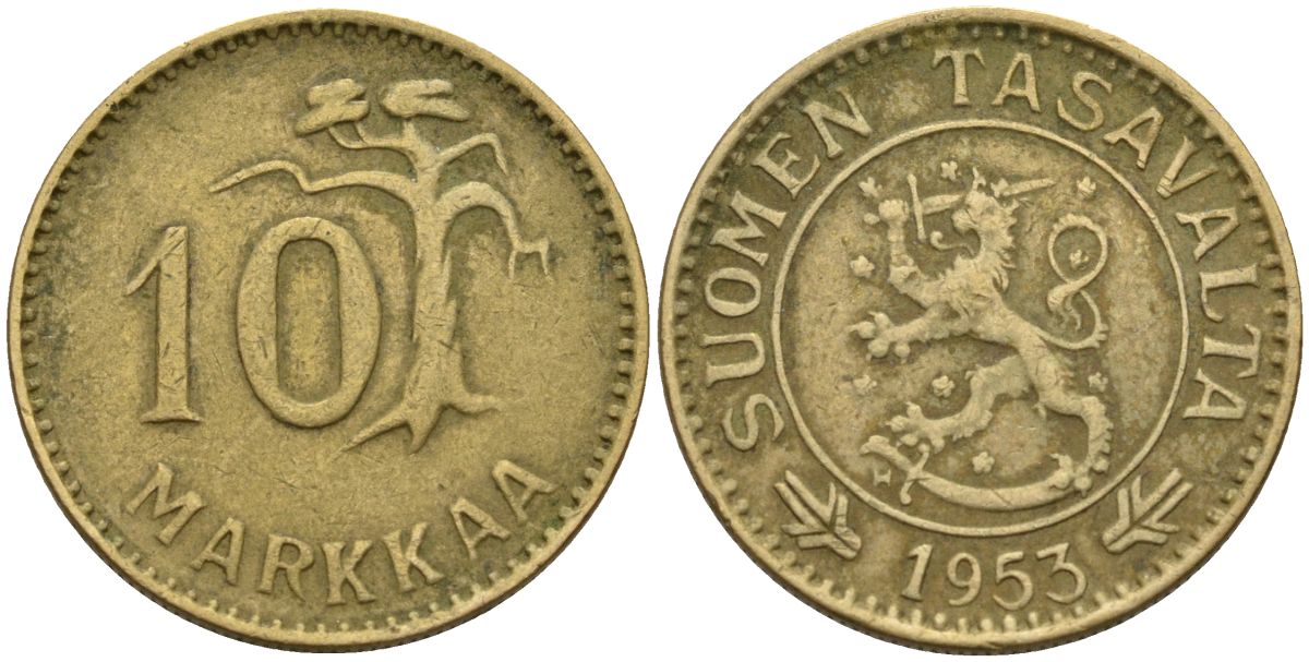 Финляндия 10 пенни 1953 KM 38 алюминиевая бронза 4152-547