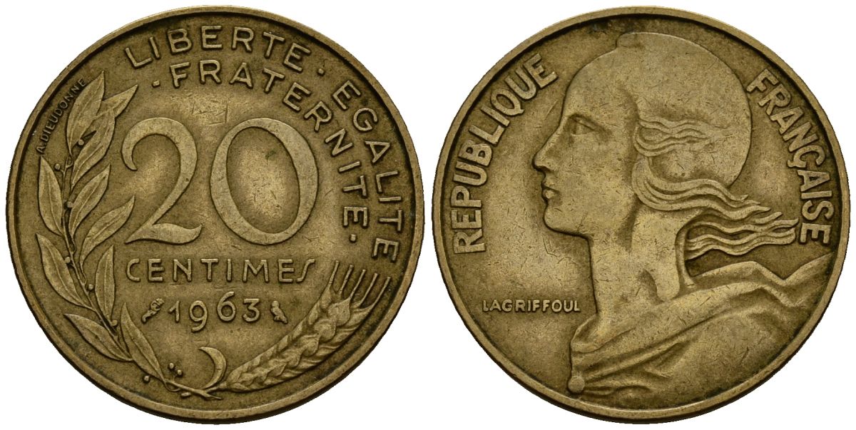 Франция 20 сантимов 1963 KM 930 алюминиевая бронза 4138-344