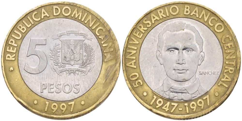 Доминиканская республика 5 песо 1997 50 лет центральному банку KM 88 биметалл 4551-735
