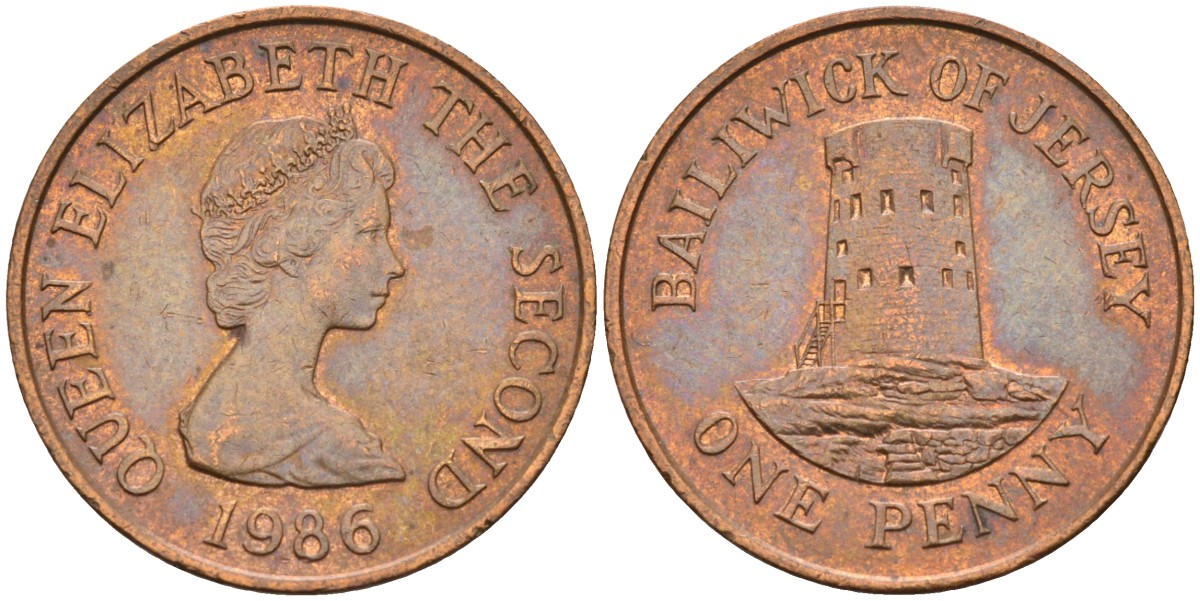 Джерси 1 пенни 1986 башня Святого Клемена KM 54 бронза XF 4582-211