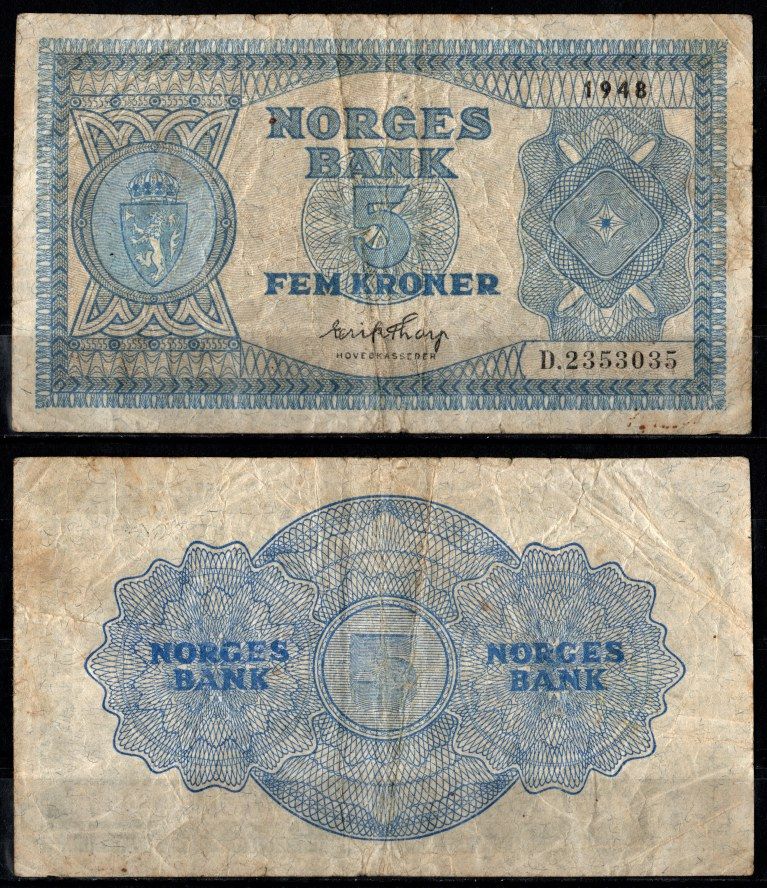 Норвегия 5 крон 1948 Pick 25 b бумага 7457-23-1-2