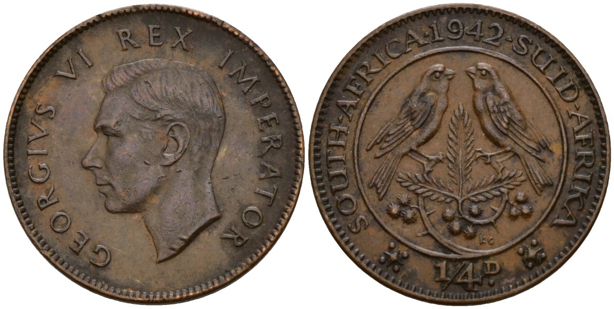 ЮАР 1/4 пенни 1942 Георг VI (1937-1952) KM 23 бронза 4164-634