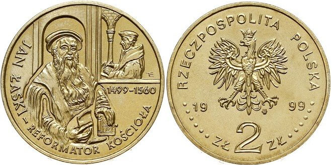 Польша 2 злотых 1999 MW, 500 лет со дня рождения Яна Лаский KM 363 нордик UNC 4521-531