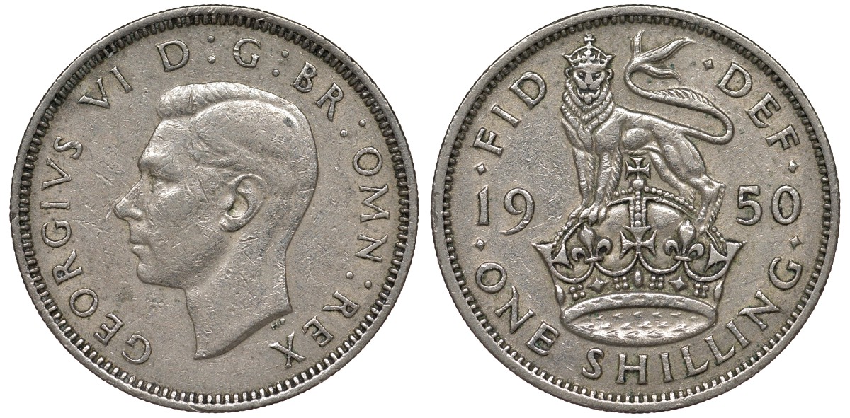 Великобритания 1 шиллинг 1950 Георг VI (1936-1952), Английский герб KM 876, Spink 4108 медно-никель 4122-537