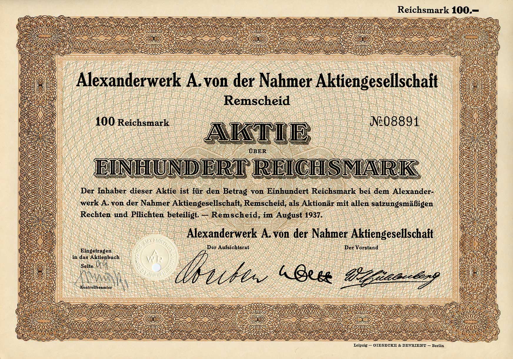 Германия 100 рейхсмарок 1937 Александрверк А. фон дер Нахмер АГ Ремшайд, акция   бумага   8803-103-1