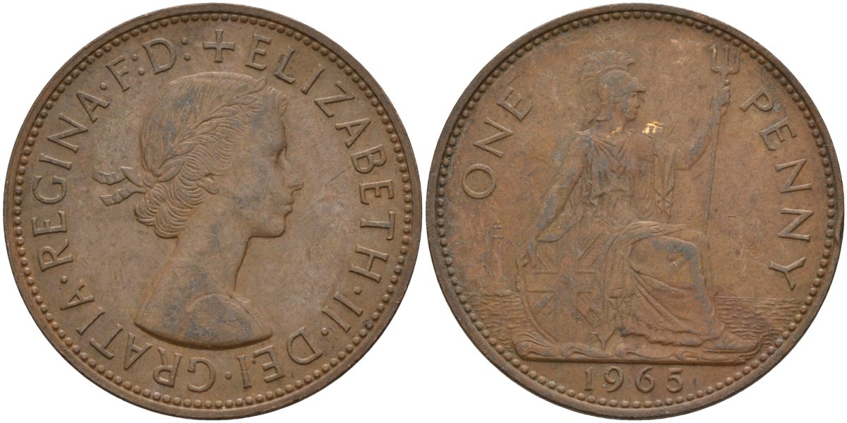 Великобритания 1 пенни 1965 Елизавета II (1952-2022) КМ 897, Spink 4157 бронза 4144-932