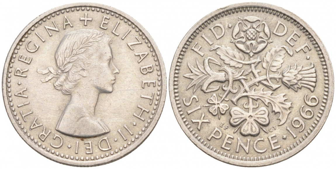 Великобритания 6 пенсов 1966 Елизавета II (1952-2022) KM 903, Spink 4149 медно-никель 4549-431