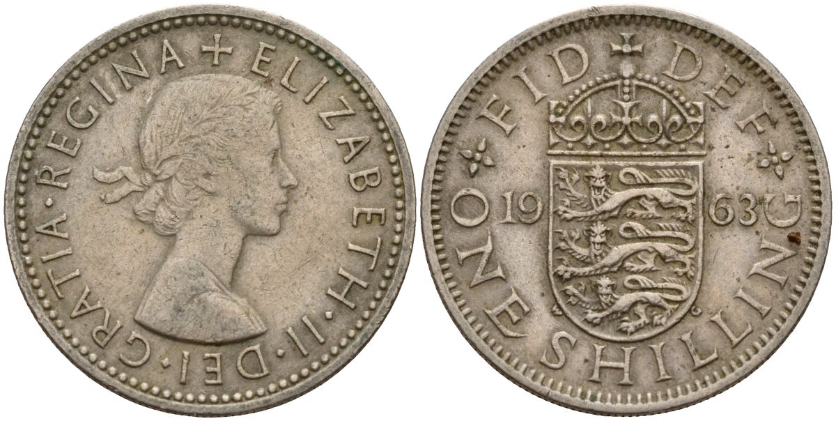 Великобритания 1 шиллинг 1963 Елизавета II (1952-2022), Английский герб KM 904, Spink 4147 медно-никель 4150-746