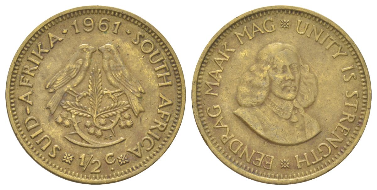 ЮАР 1/2 цента 1961 птички на ветке, Ян ван Райбек KM 56 латунь 4628-1041