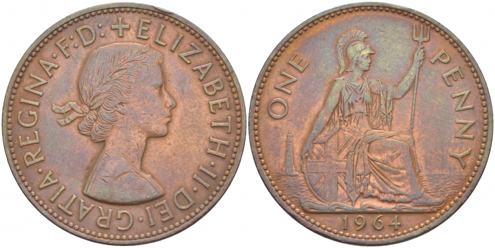 Великобритания 1 пенни 1964 Елизавета II (1952-2022) KM 897, Spink 4157 бронза 3996-216