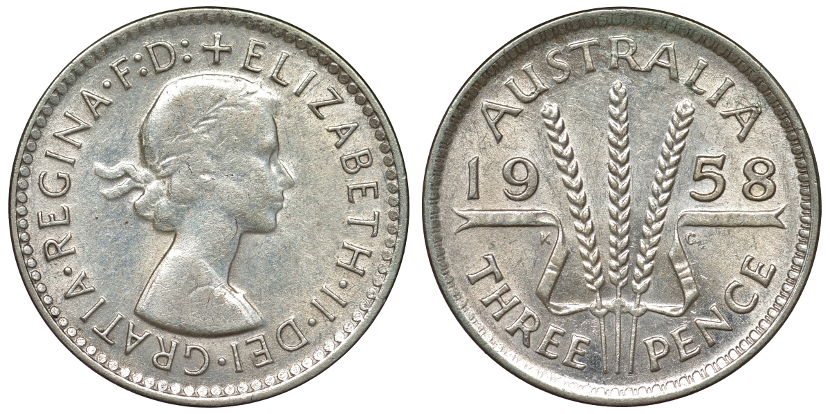 Австралия 3 пенса 1958 m, Елизавета II (1952-2022) KM 57 серебро 71-558