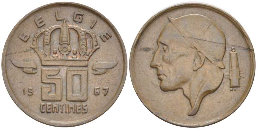Бельгия 50 сантимов 1967 Belgie, Бодуэн I (1951-1993) KM 149.1 бронза 206-147
