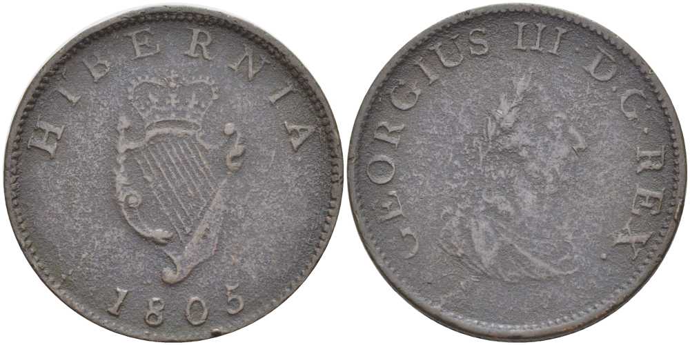 Ирландия 1/2 пенни 1805 Георг III (1760-1820) KM 147.1 медь 109-1245