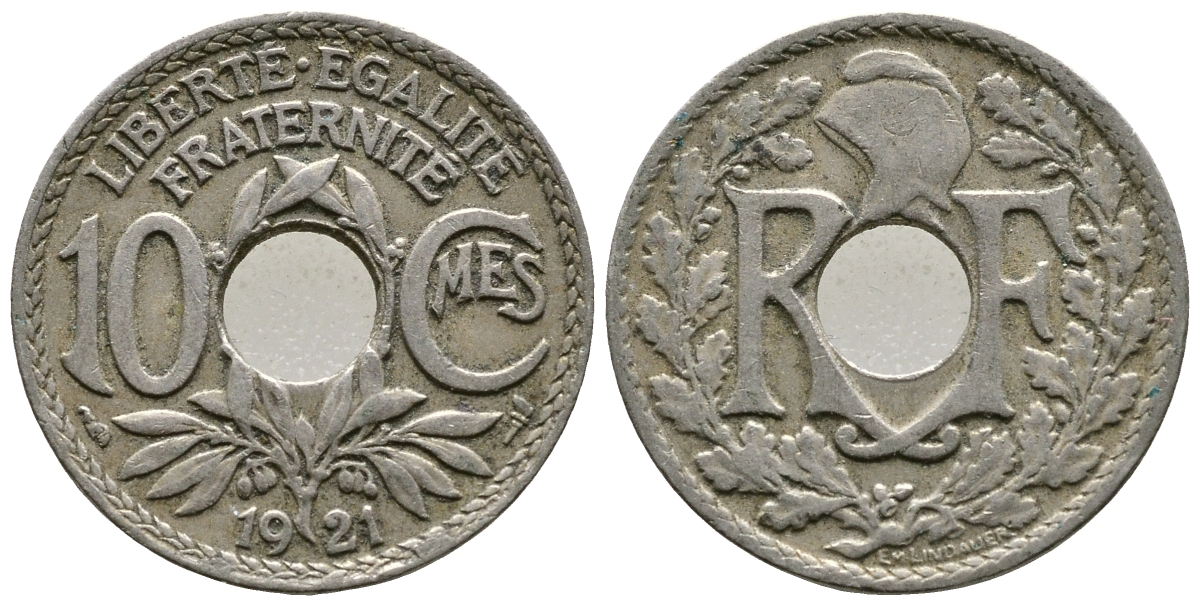 Франция 10 сантимов 1921 тип Линдайё KM 866a, Le Franc 138.3 медно-никель 4364-1255